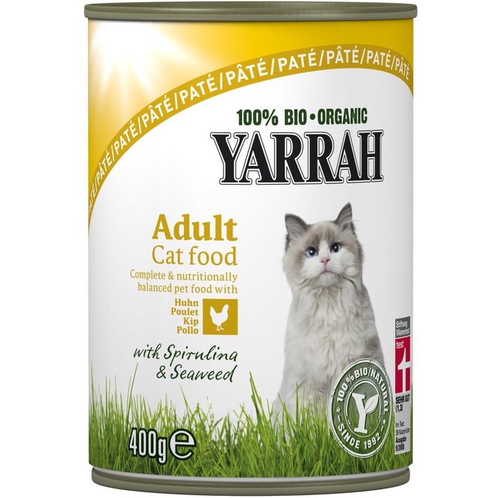Mancare organica pentru pisici Yarrah Pate, Pui, Spirulina si iarba marina, 400 g