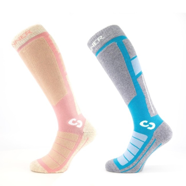 Sosete ski si snowboard SINNER Ski Socks Pro II Ladies, Pachet Dublu, Roz/Albastru, Roz/Albastru