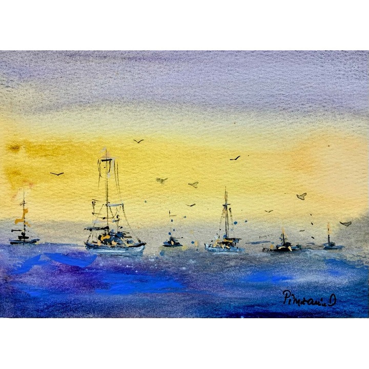 Tablou pictat manual in acuarela, Pictura Hobby, Barci la Orizont, 12x17cm