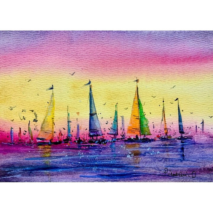 Tablou pictat manual in acuarela, Pictura Hobby, Apus marin cu barci elegante, 12x17cm
