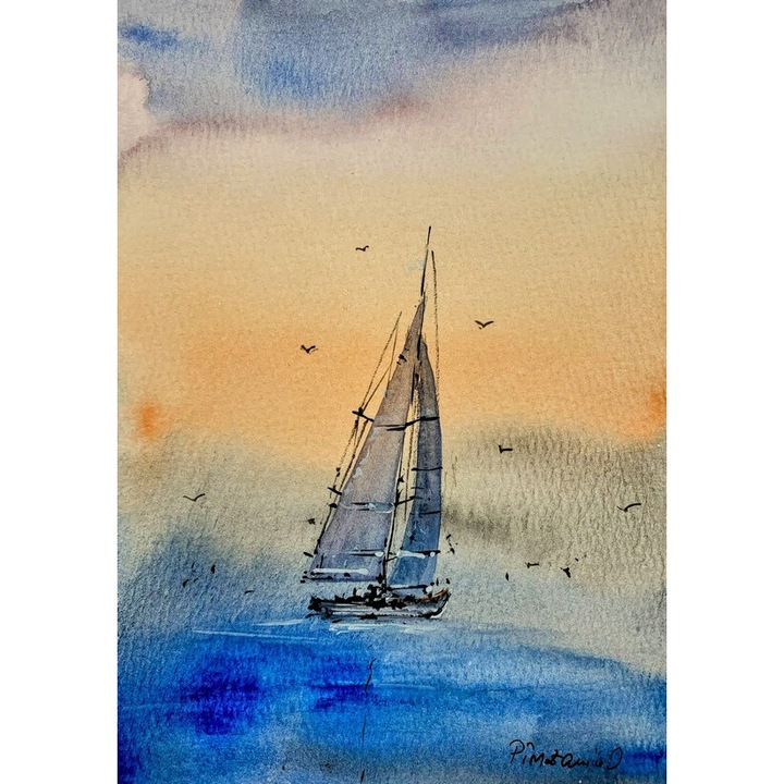Kézzel festett akvarell festmény, Hobbifestés, Magányos vitorlás napkeltekor, 12x17cm