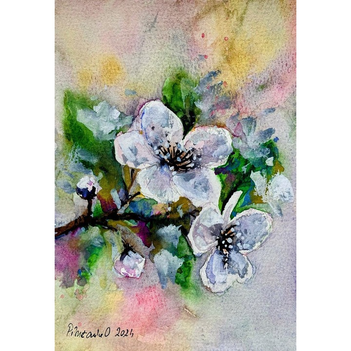 Tablou pictat manual in acuarela, Pictura Hobby, Flori Albe, 12x17cm