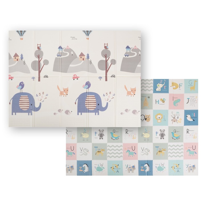 KiddyMoon összehajtható játszószőnyeg, babáknak Dupla hab matrac kúszáshoz gyerekeknek, modell Játszótér, Kényelmes, Ideális bel- és kültérre 150x200x1 cm, Szürke