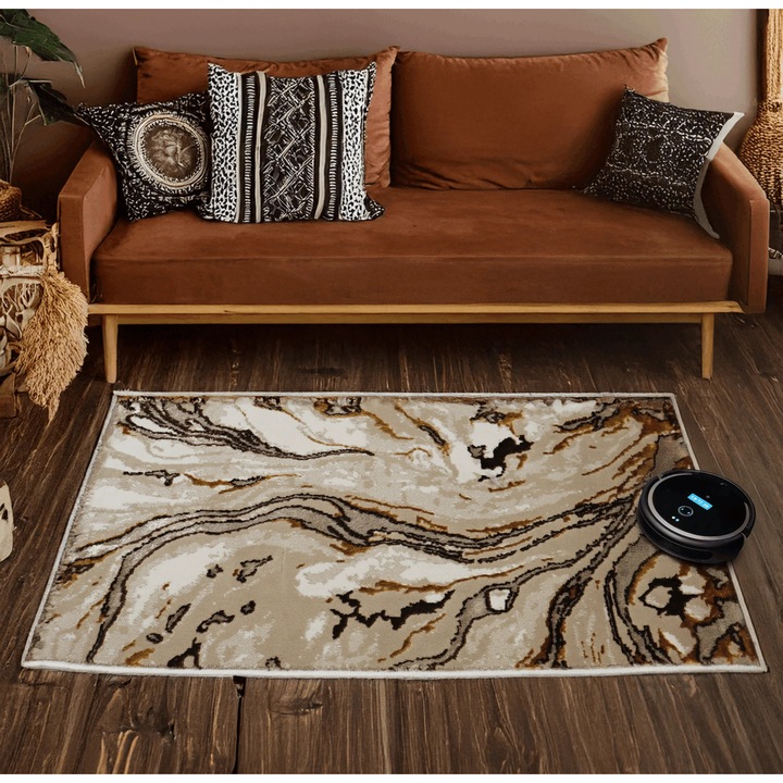 Covor Mirage, Living/Dormitor, Negru, Maro, Auriu, Alb, Incalzire in pardoseala, Fir Scurt 8 mm, Dimensiuni 70x100 cm, 1750 g/m², BravaCasa