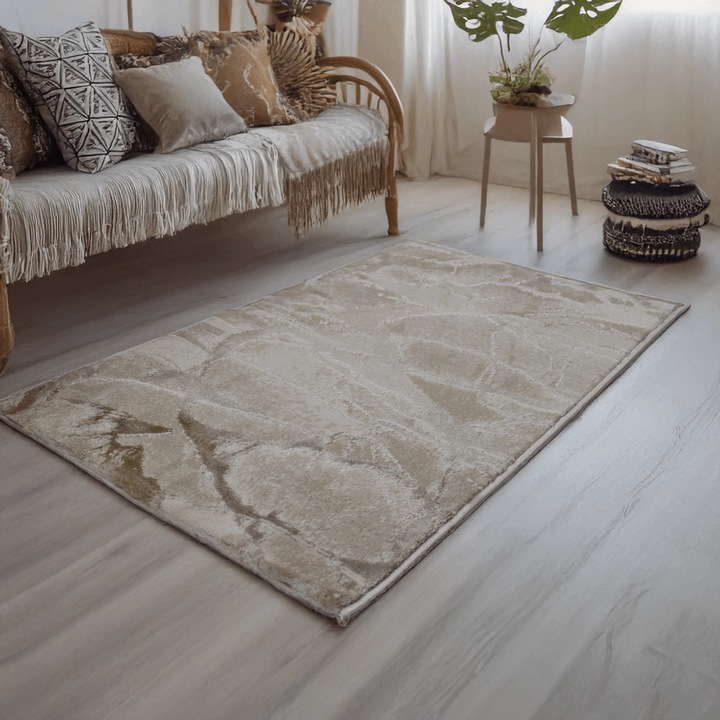 Covor Beige Horizon, Living/Dormitor, Crem, Bej, Incalzire in pardoseala, Fir Scurt 11 mm, Dimensiuni 100x200 cm, 2200 g/m², BravaCasa