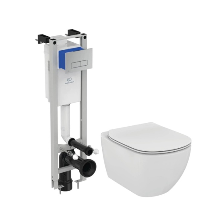 Set Vas Wc Tesi Aquablade, rezervor incastrat Eco Frame, cu capac slim si clapeta crom-Ideal Standard