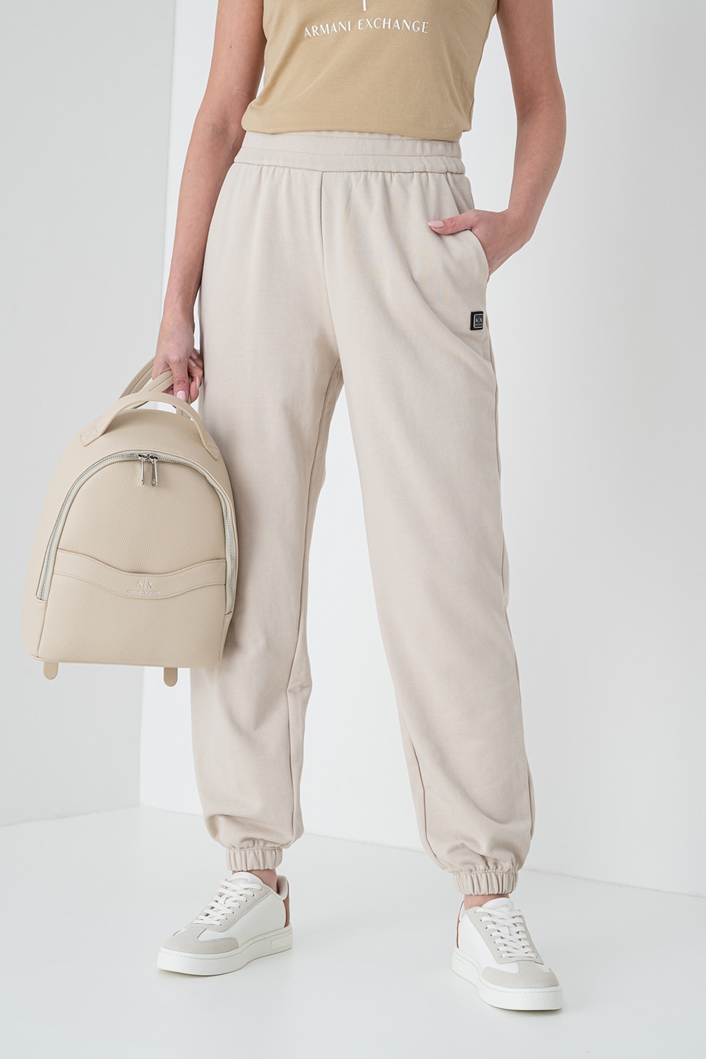 ARMANI EXCHANGE, Pantaloni de trening cu talie medie, Bej, M