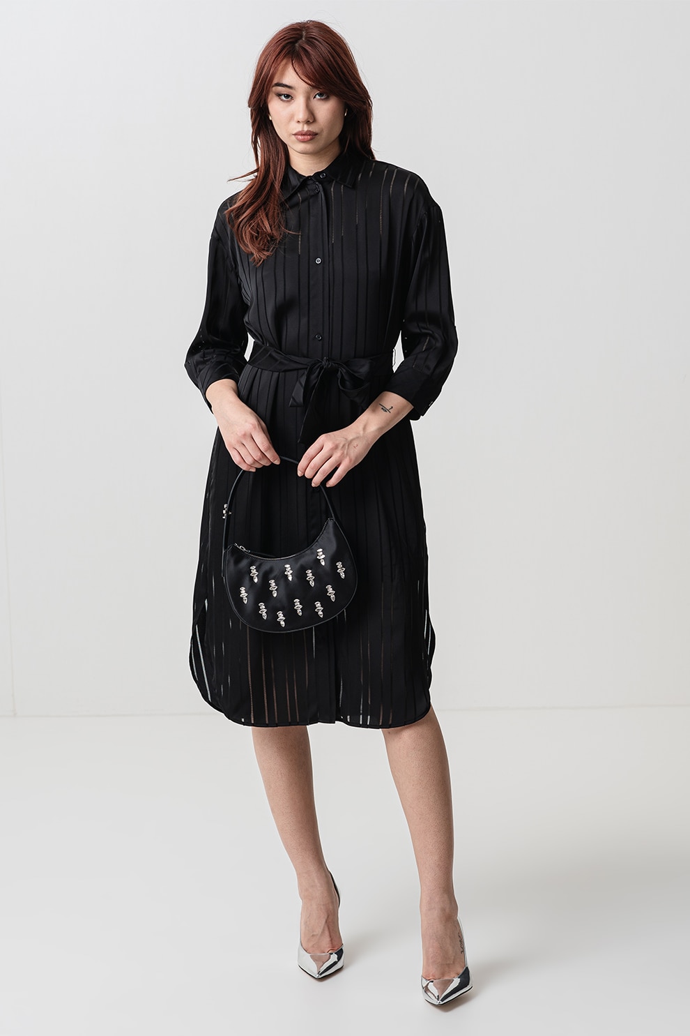 ARMANI EXCHANGE, Rochie-camasa midi cu cordon in talie, Negru, 6