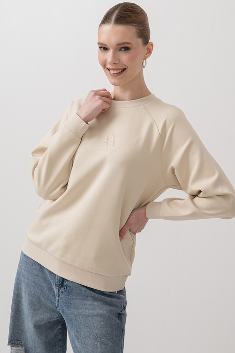 ARMANI EXCHANGE, Bluza de trening cu decolteu la baza gatului si maneci raglan, Bej deschis
