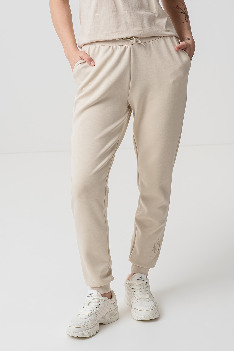 ARMANI EXCHANGE, Pantaloni de trening cu logo si snur, Bej, M
