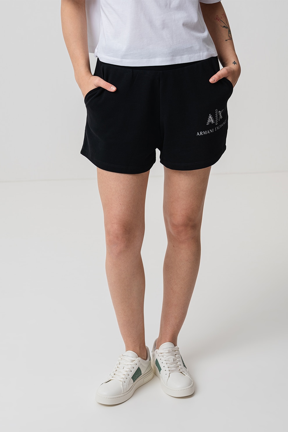 ARMANI EXCHANGE, Pantaloni scurti din bumbac cu logo, Negru, Argintiu, S