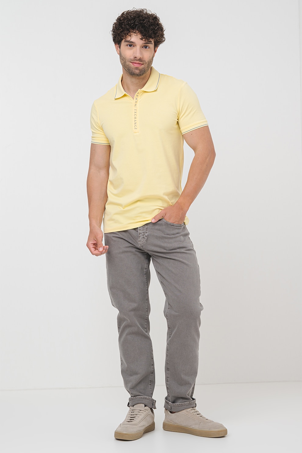 ARMANI EXCHANGE, Tricou polo cu fenta cu fermoar, Albastru prafuit, Galben pai, M