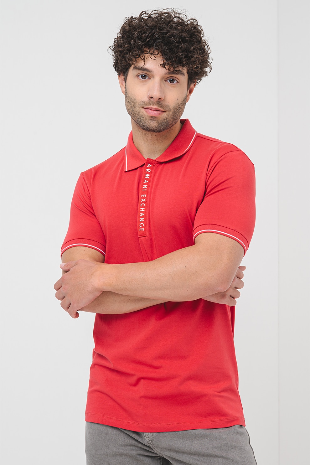 ARMANI EXCHANGE, Tricou polo cu fenta cu fermoar, Alb, Corai, L