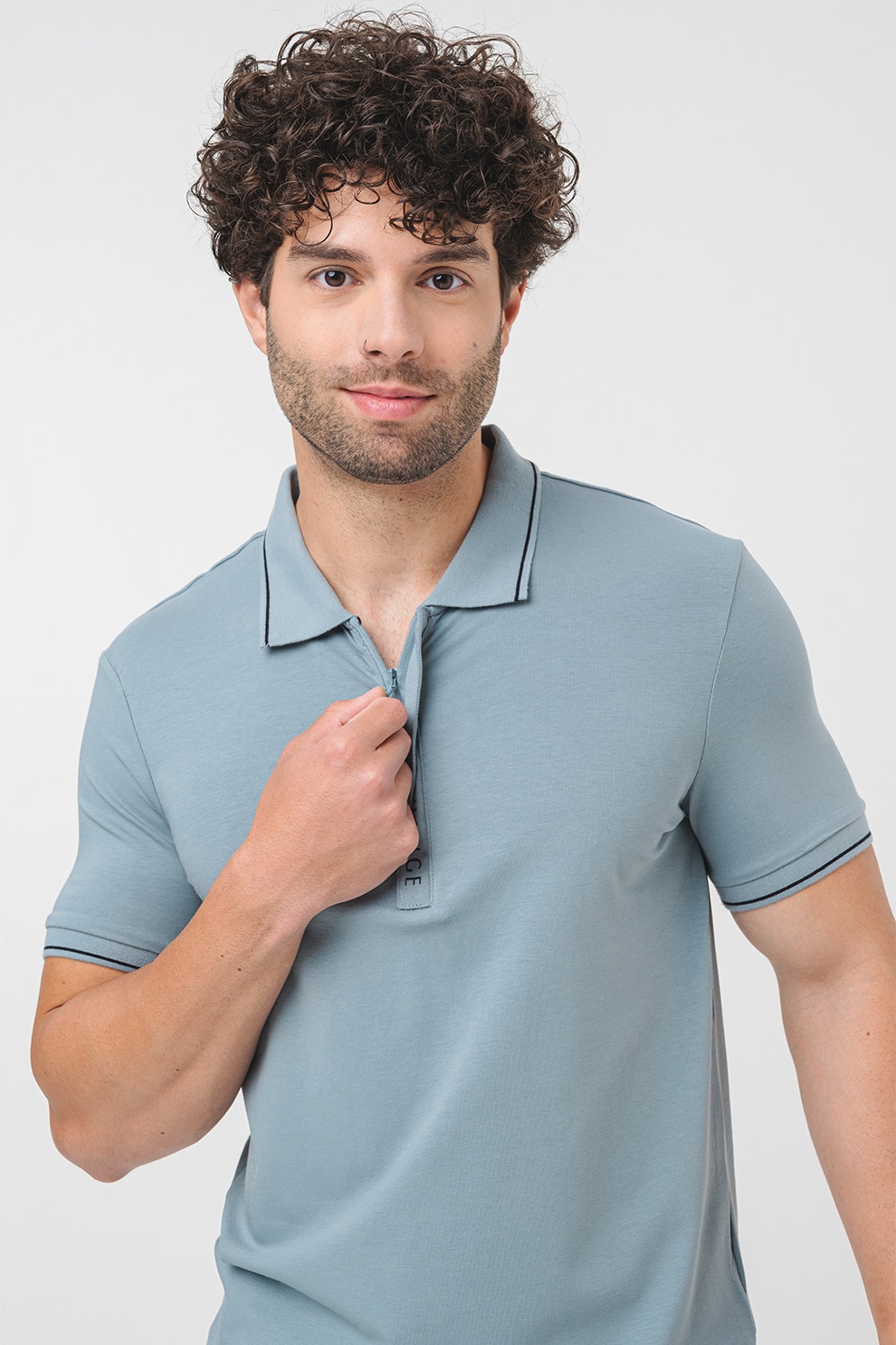 ARMANI EXCHANGE, Tricou polo cu fenta cu fermoar, Negru, Verde persan, M