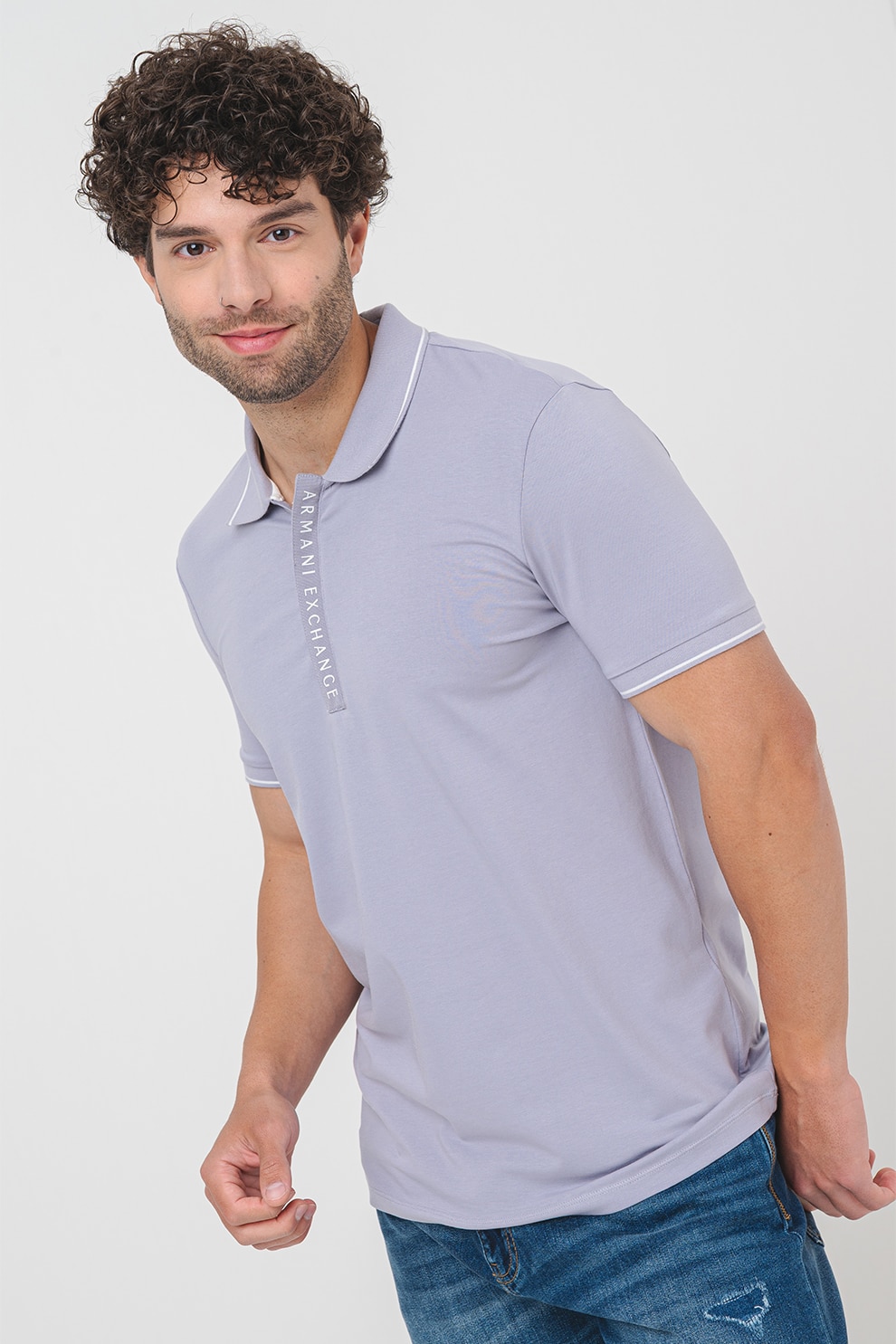 ARMANI EXCHANGE, Tricou polo cu fenta cu fermoar, Alb, Liliac prafuit, M