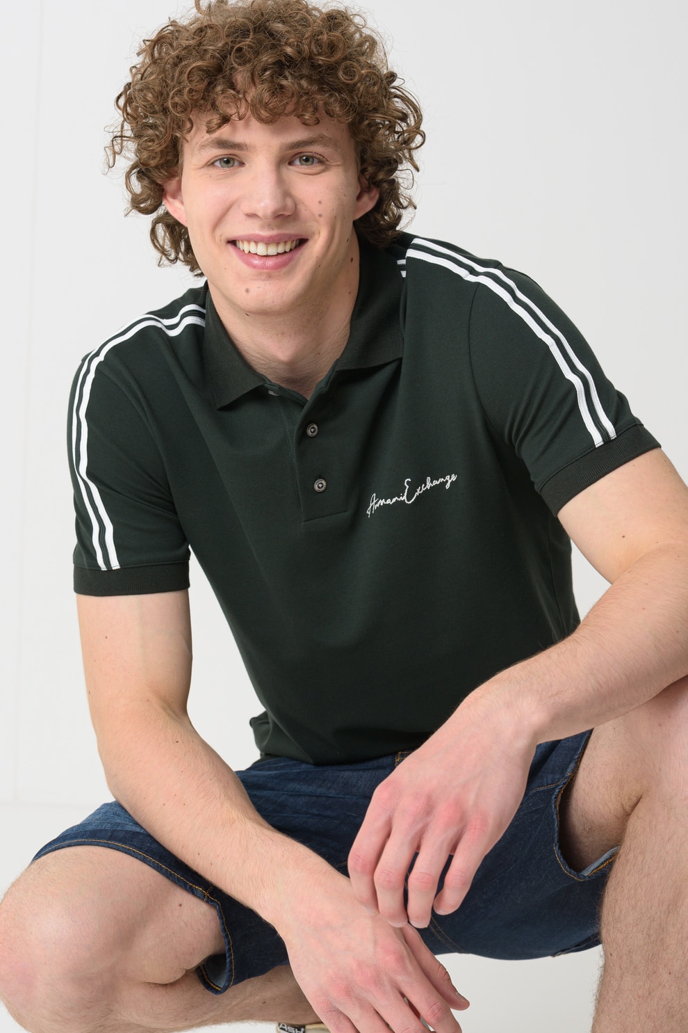 ARMANI EXCHANGE, Tricou polo cu dungi contrastante, Alb, Verde inchis, XL