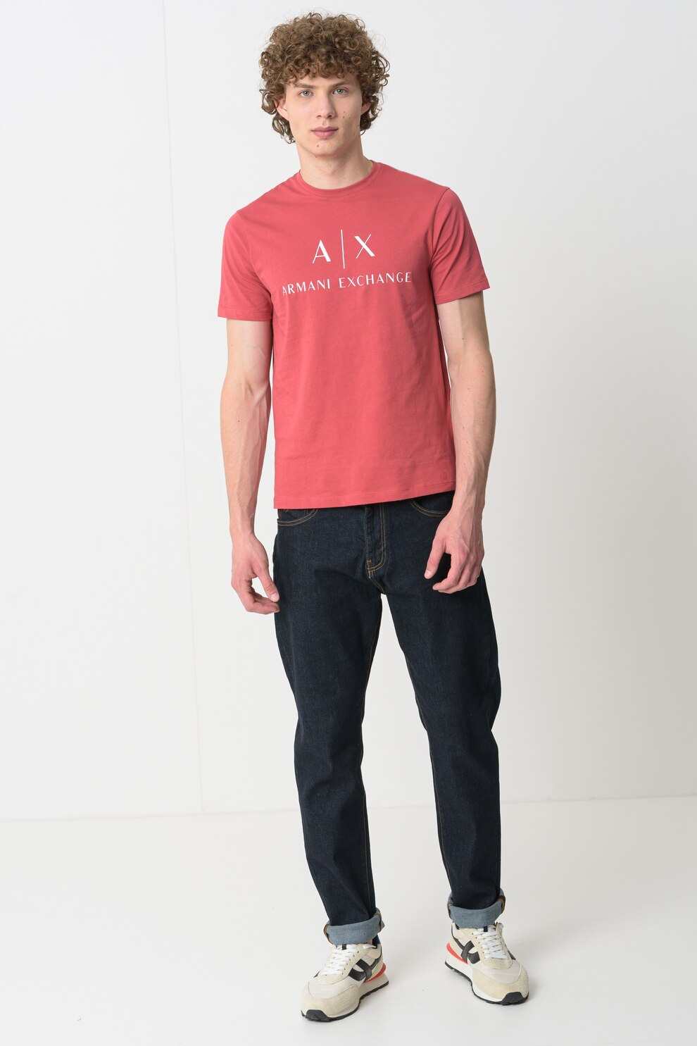 ARMANI EXCHANGE, Tricou slim fit de bumbac cu logo, Alb, Rosu stins, 2XL