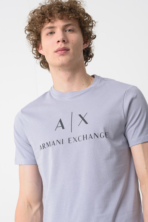 ARMANI EXCHANGE, Tricou slim fit de bumbac cu logo, Gri deschis