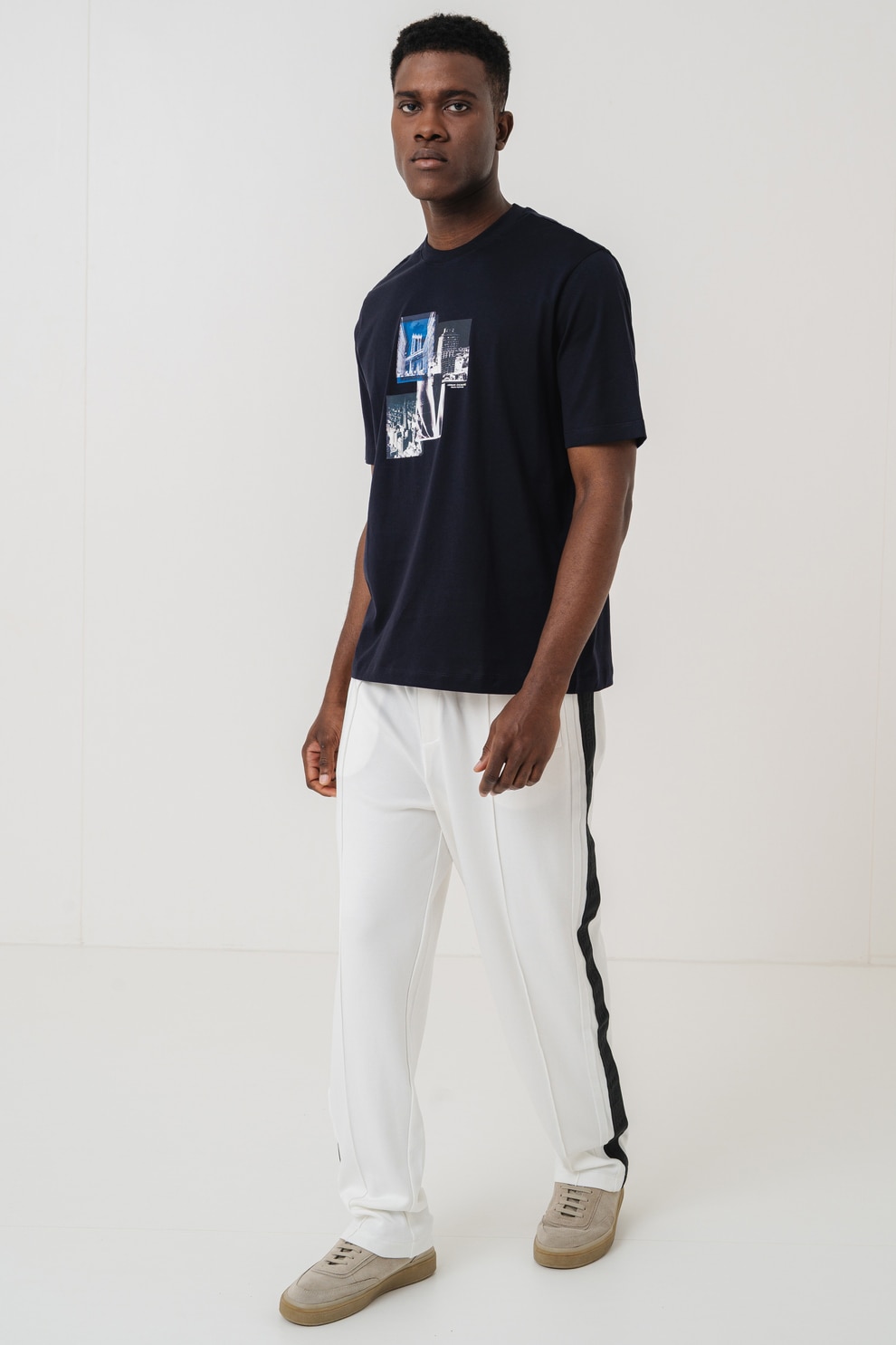 ARMANI EXCHANGE, Tricou cu imprimeu foto si decolteu la baza gatului, Alb, Verde, Albastru ultramarin, 2XL