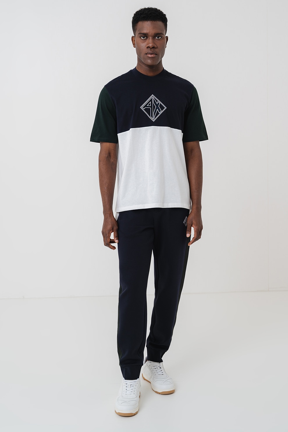 ARMANI EXCHANGE, Tricou cu logo brodat, Alb, Verde englez, Bleumarin, S