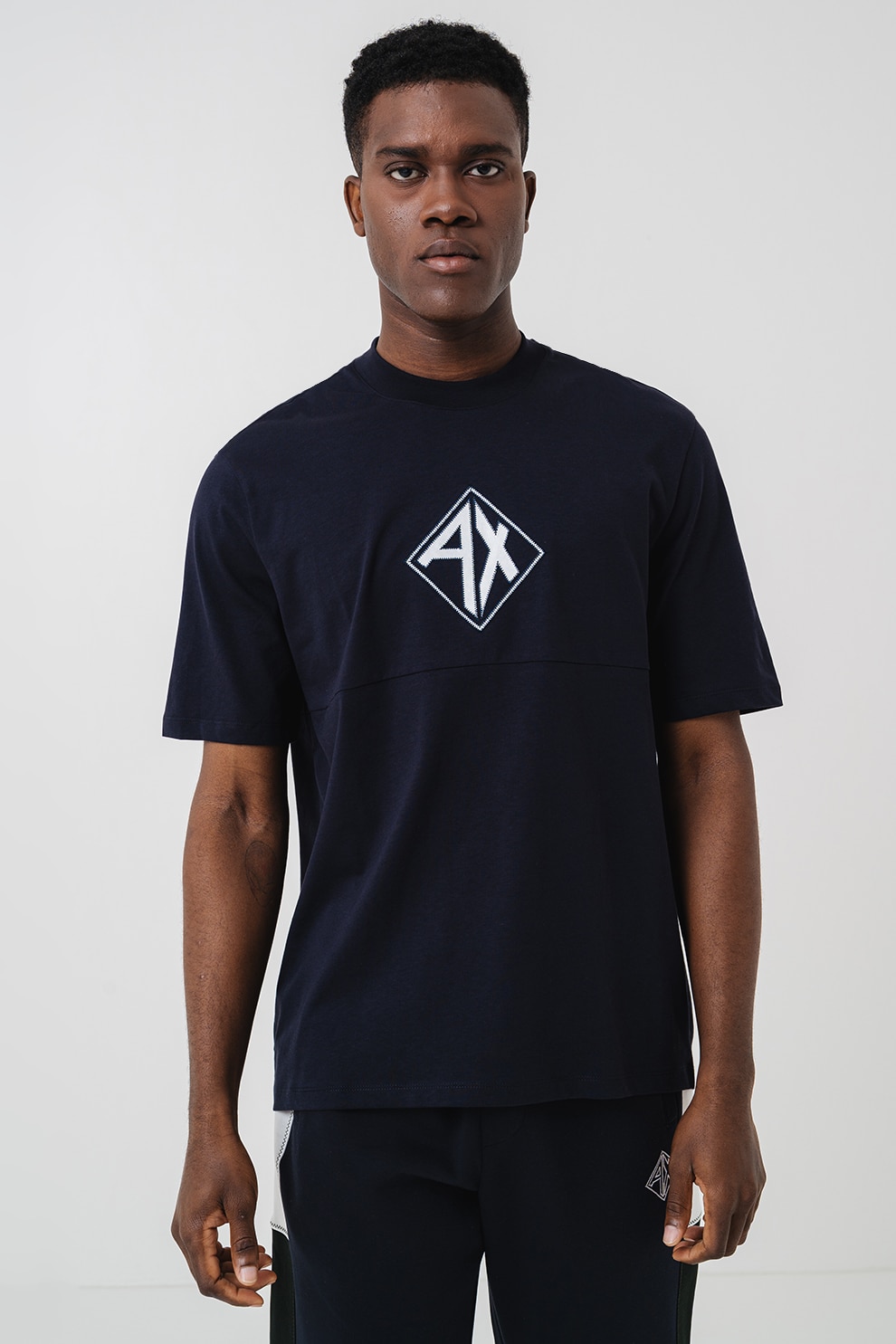 ARMANI EXCHANGE, Tricou cu logo brodat, Alb, Bleumarin, S