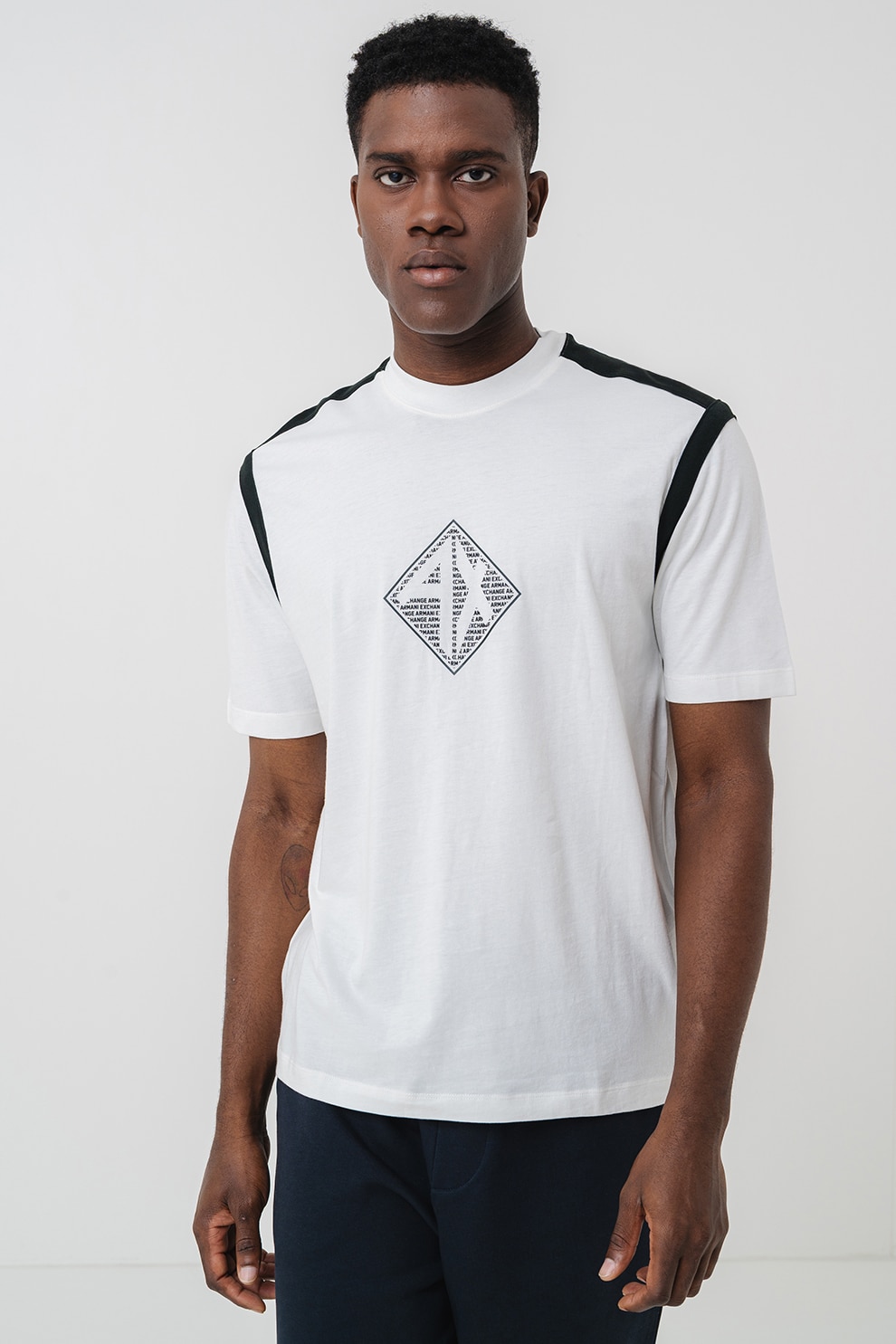 ARMANI EXCHANGE, Tricou din bumbac cu imprimeu logo, Negru, Alb murdar, 2XL