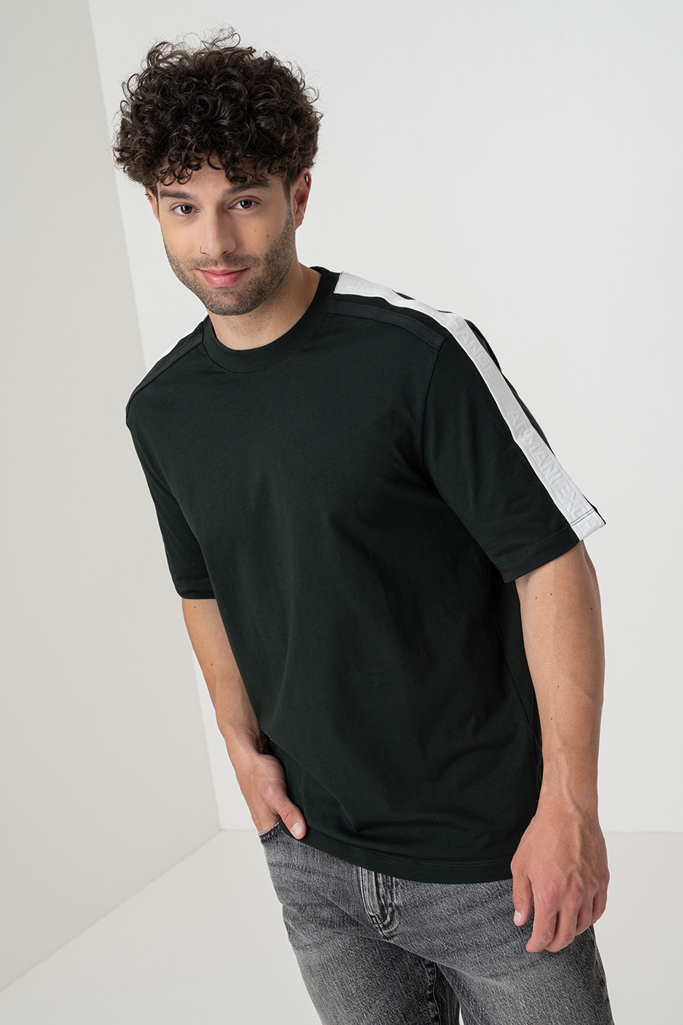 ARMANI EXCHANGE, Tricou cu decolteu la baza gatului si benzi logo, Alb, Negru, 2XL