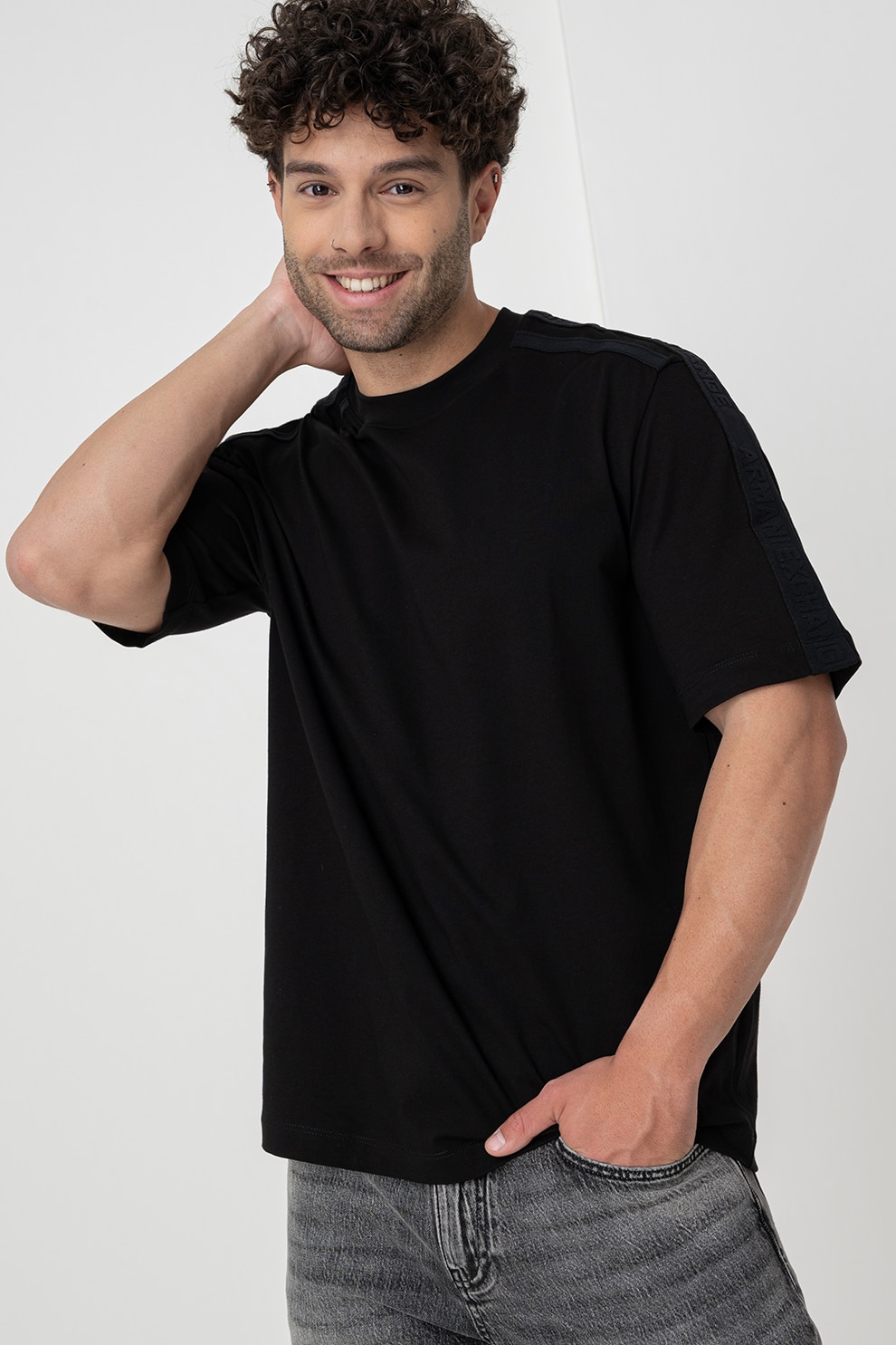 ARMANI EXCHANGE, Tricou cu decolteu la baza gatului si benzi logo, Negru stins, 2XL