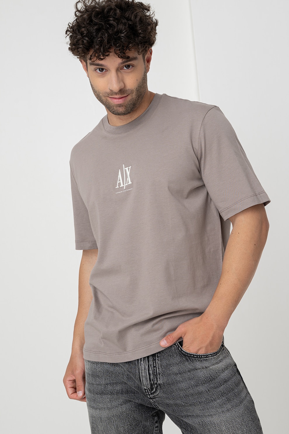 ARMANI EXCHANGE, Tricou cu logo si decolteu la baza gatului, Maro deschis, 2XL