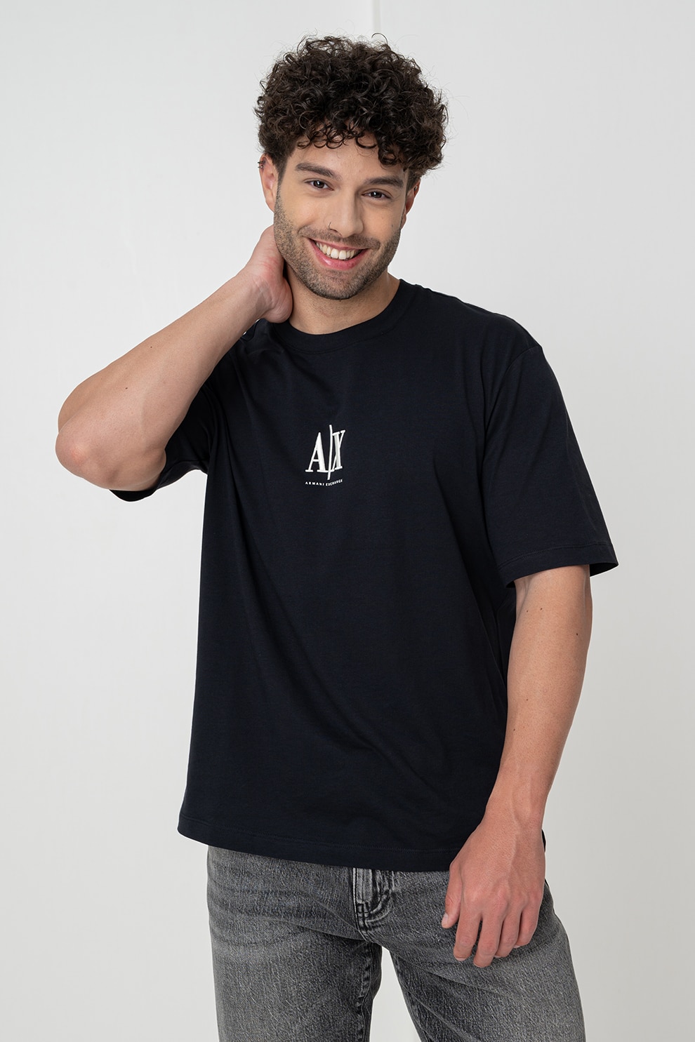 ARMANI EXCHANGE, Tricou cu logo si decolteu la baza gatului, Negru, XL