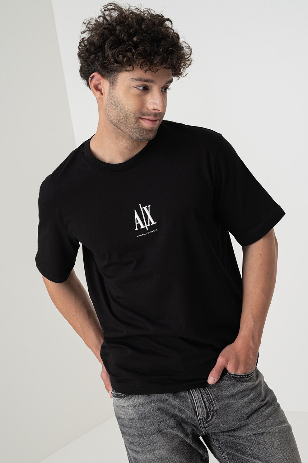 ARMANI EXCHANGE, Tricou cu logo si decolteu la baza gatului, Alb, Negru, S