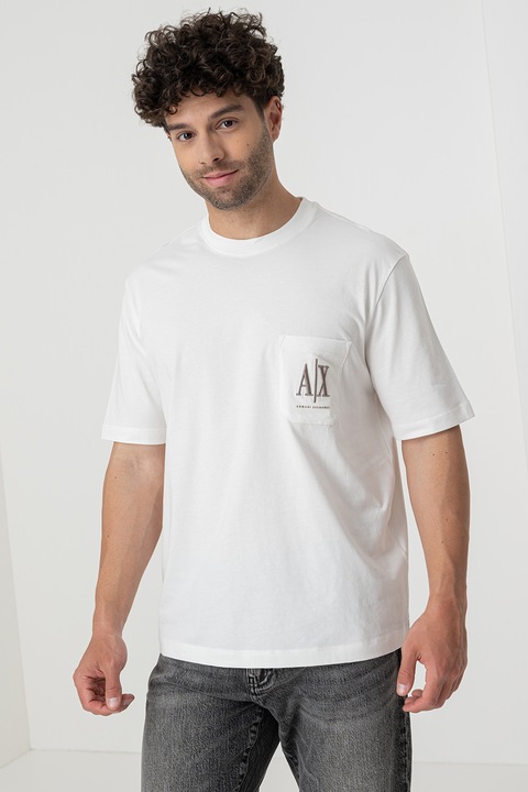 ARMANI EXCHANGE, Tricou cu decolteu la baza gatului si buzunar pe piept, Maro taupe/Alb murdar