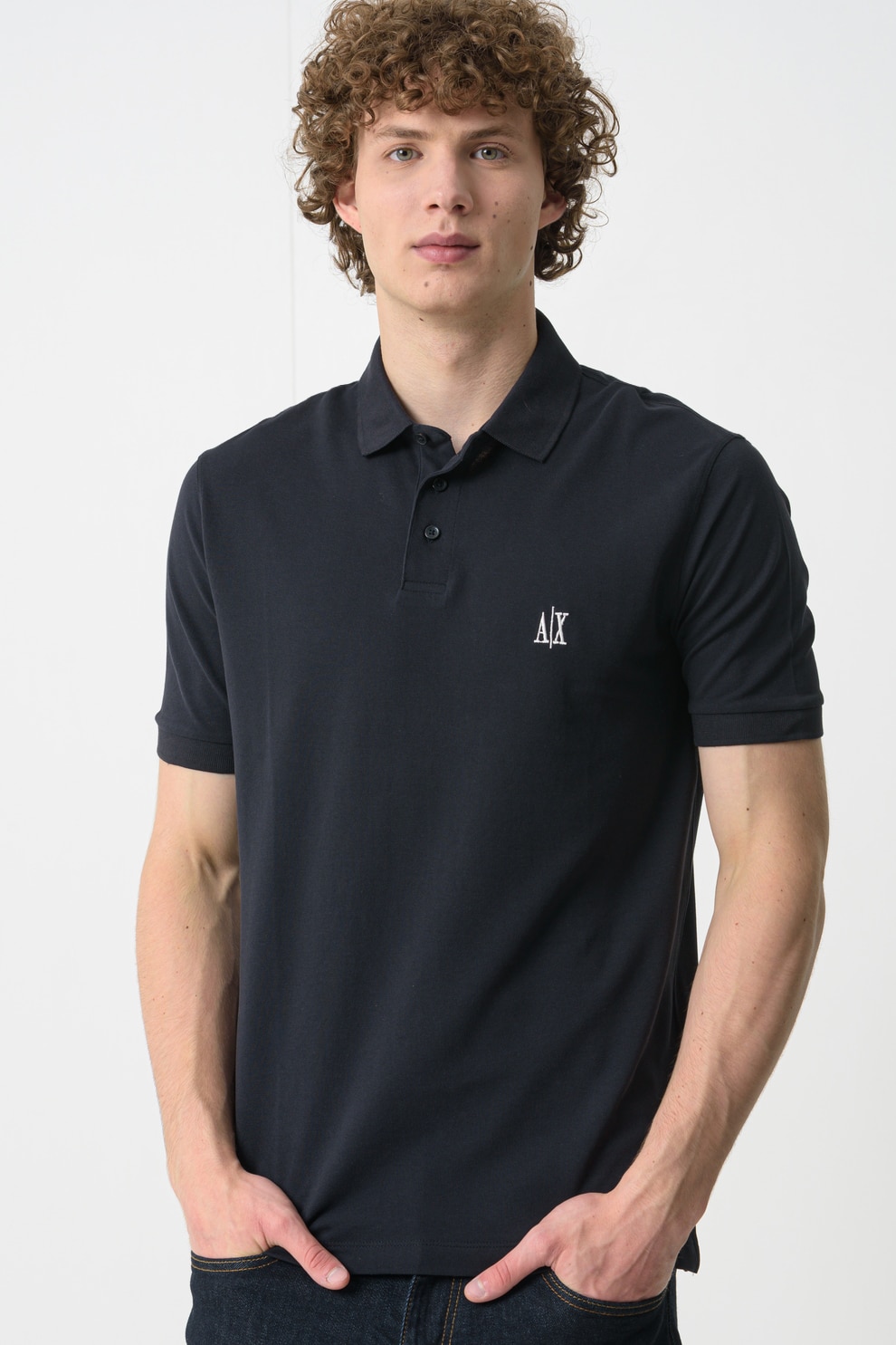 ARMANI EXCHANGE, Tricou cu logo si guler polo, Albastru ultramarin, M