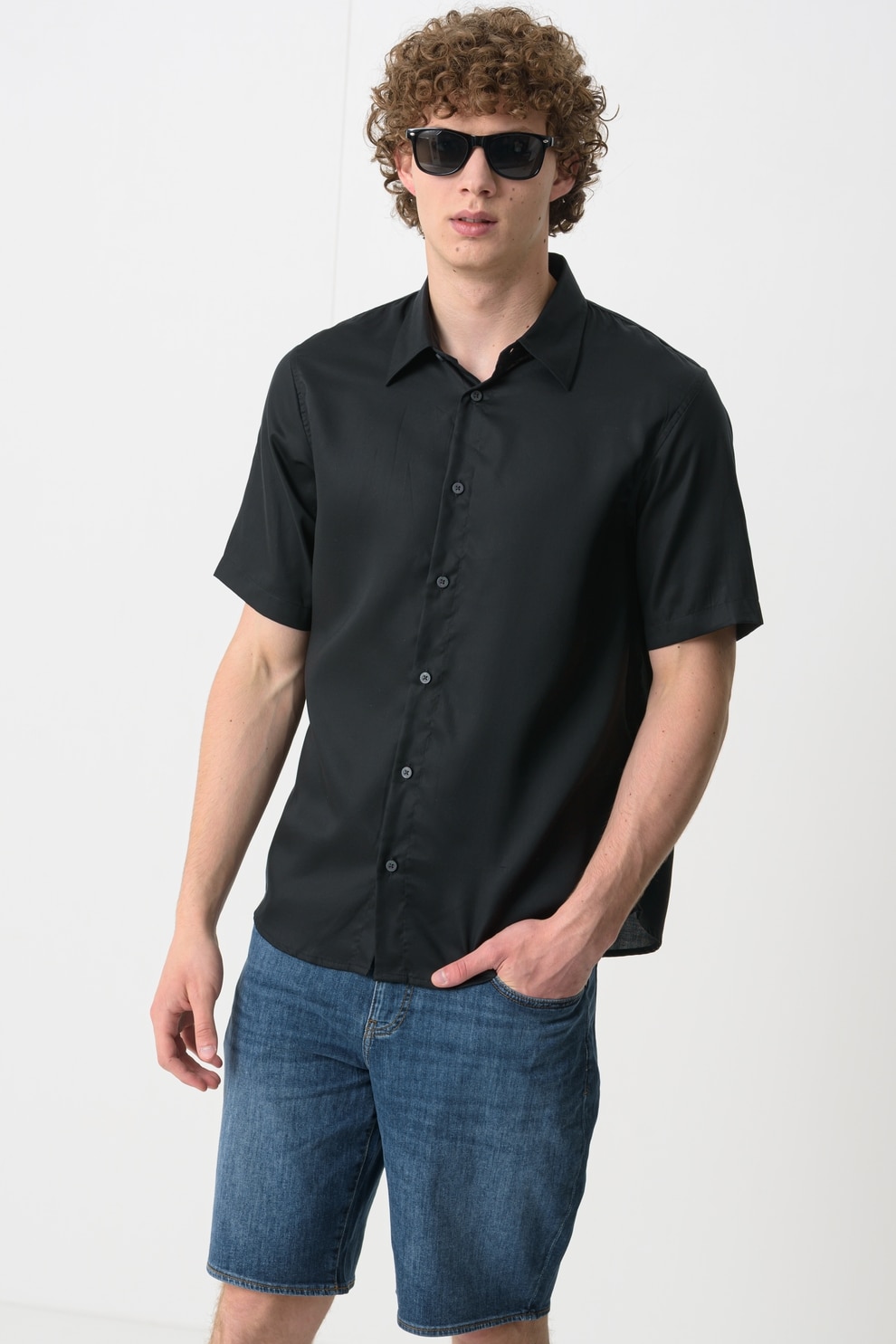 ARMANI EXCHANGE, Camasa din lyocell cu maneci scurte, Negru, L