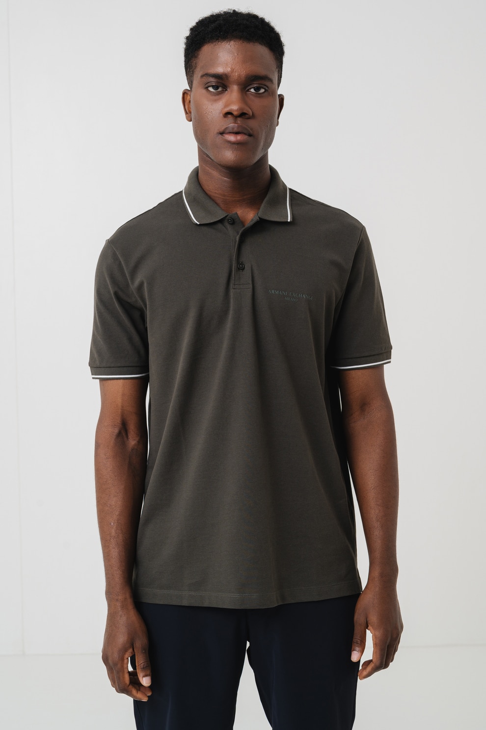 ARMANI EXCHANGE, Tricou polo de bumbac, Alb, Gri antracit, L