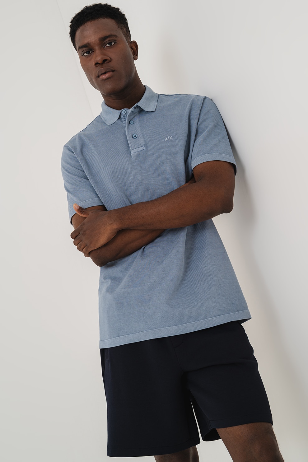 ARMANI EXCHANGE, Tricou polo cu logo discret, Albastru prafuit, M