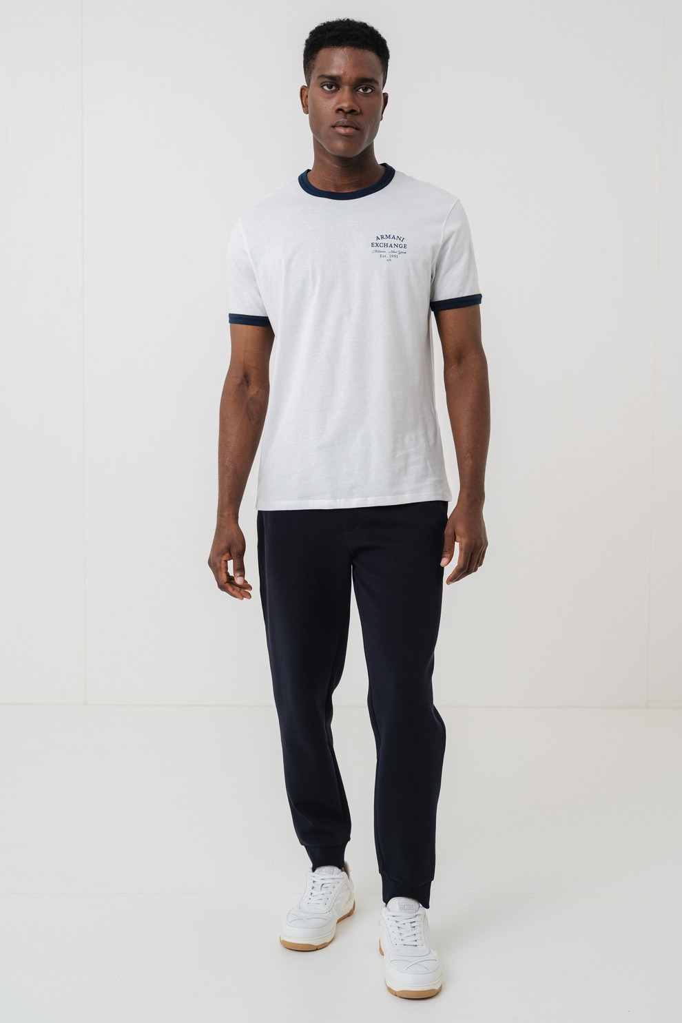 ARMANI EXCHANGE, Tricou cu decolteu la baza gatului, Alb, Albastru ultramarin, 2XL