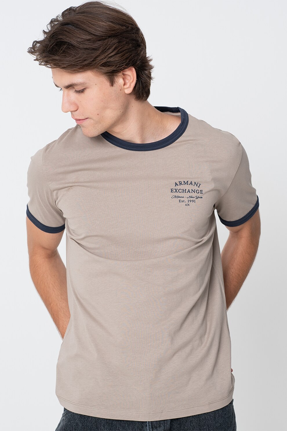 ARMANI EXCHANGE, Tricou cu decolteu la baza gatului, Kaki, Bleumarin, S