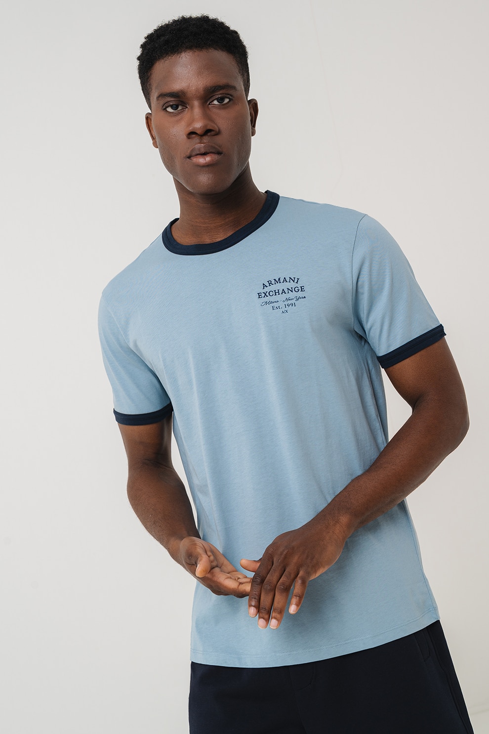 ARMANI EXCHANGE, Tricou cu decolteu la baza gatului, Albastru prafuit, S