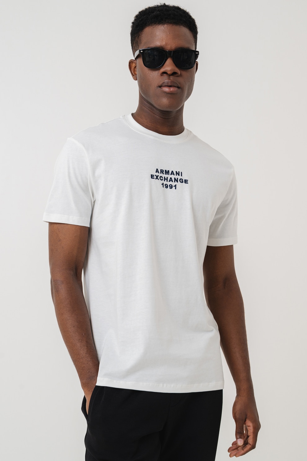 ARMANI EXCHANGE, Tricou cu logo si decolteu la baza gatului, Negru, Alb optic, L