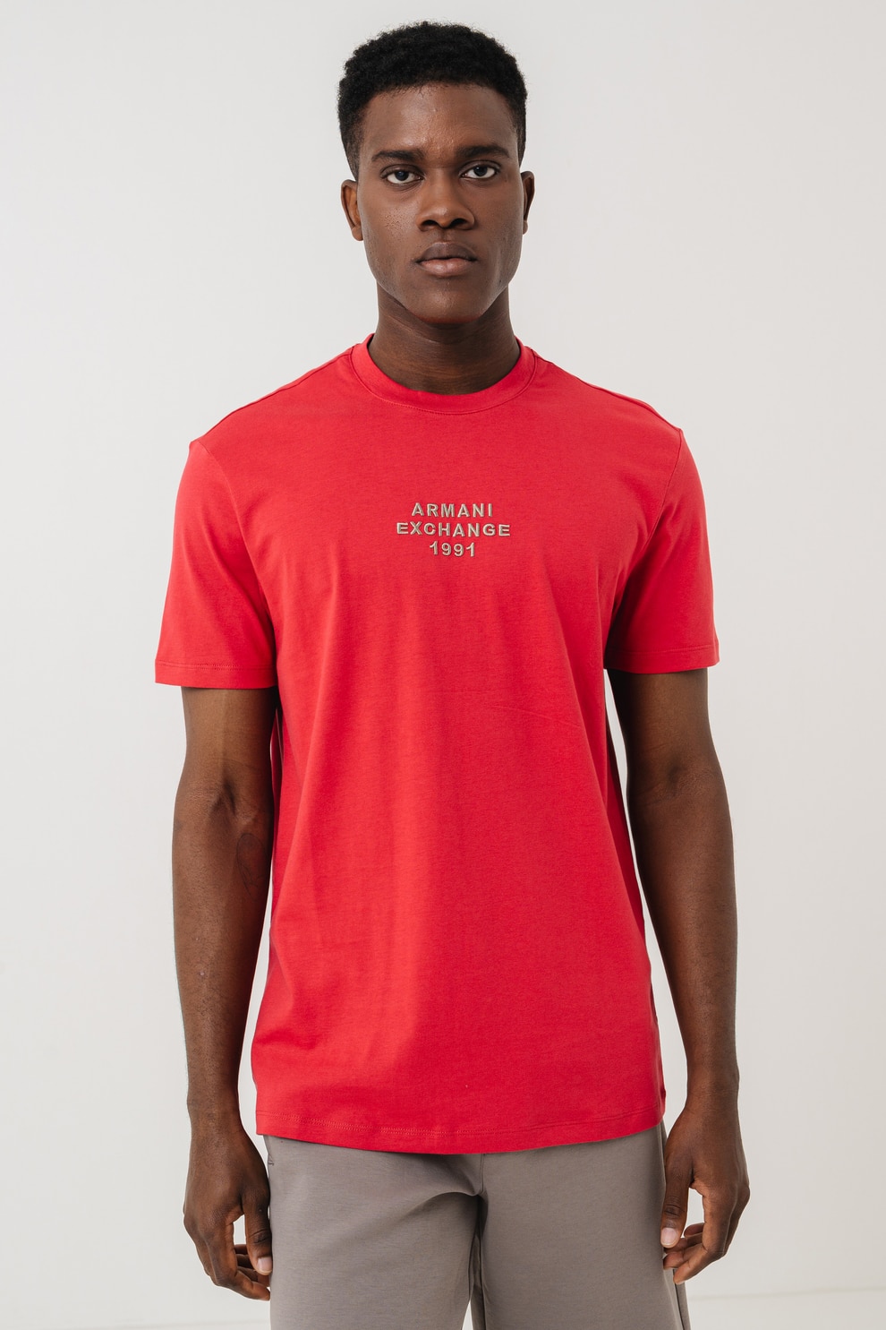 ARMANI EXCHANGE, Tricou cu logo si decolteu la baza gatului, Rosu, Kaki, L