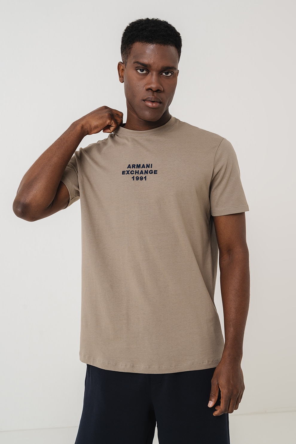 ARMANI EXCHANGE, Tricou cu logo si decolteu la baza gatului, Maro deschis, XL