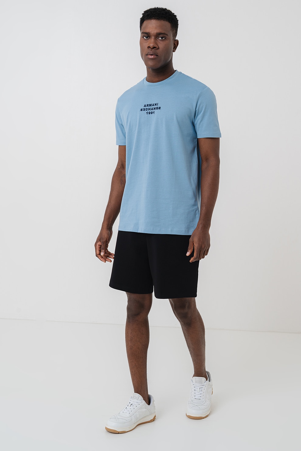 ARMANI EXCHANGE, Tricou cu logo si decolteu la baza gatului, Albastru deschis, L