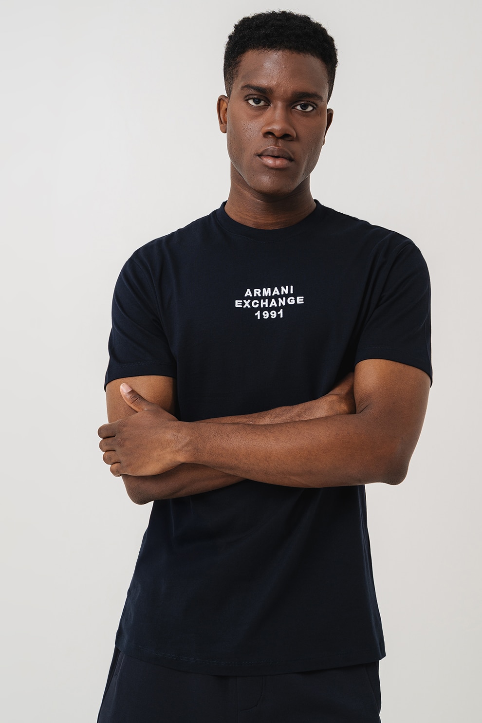 ARMANI EXCHANGE, Tricou cu logo si decolteu la baza gatului, Alb, Albastru ultramarin, XL