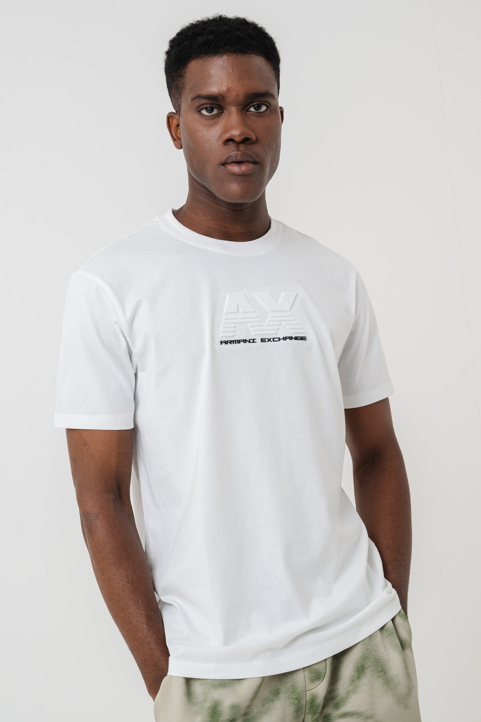 ARMANI EXCHANGE, Tricou din bumbac cu logo in relief, Negru, Alb optic, XL