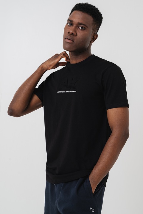 ARMANI EXCHANGE, Памучна тениска с релефно лого, Черен