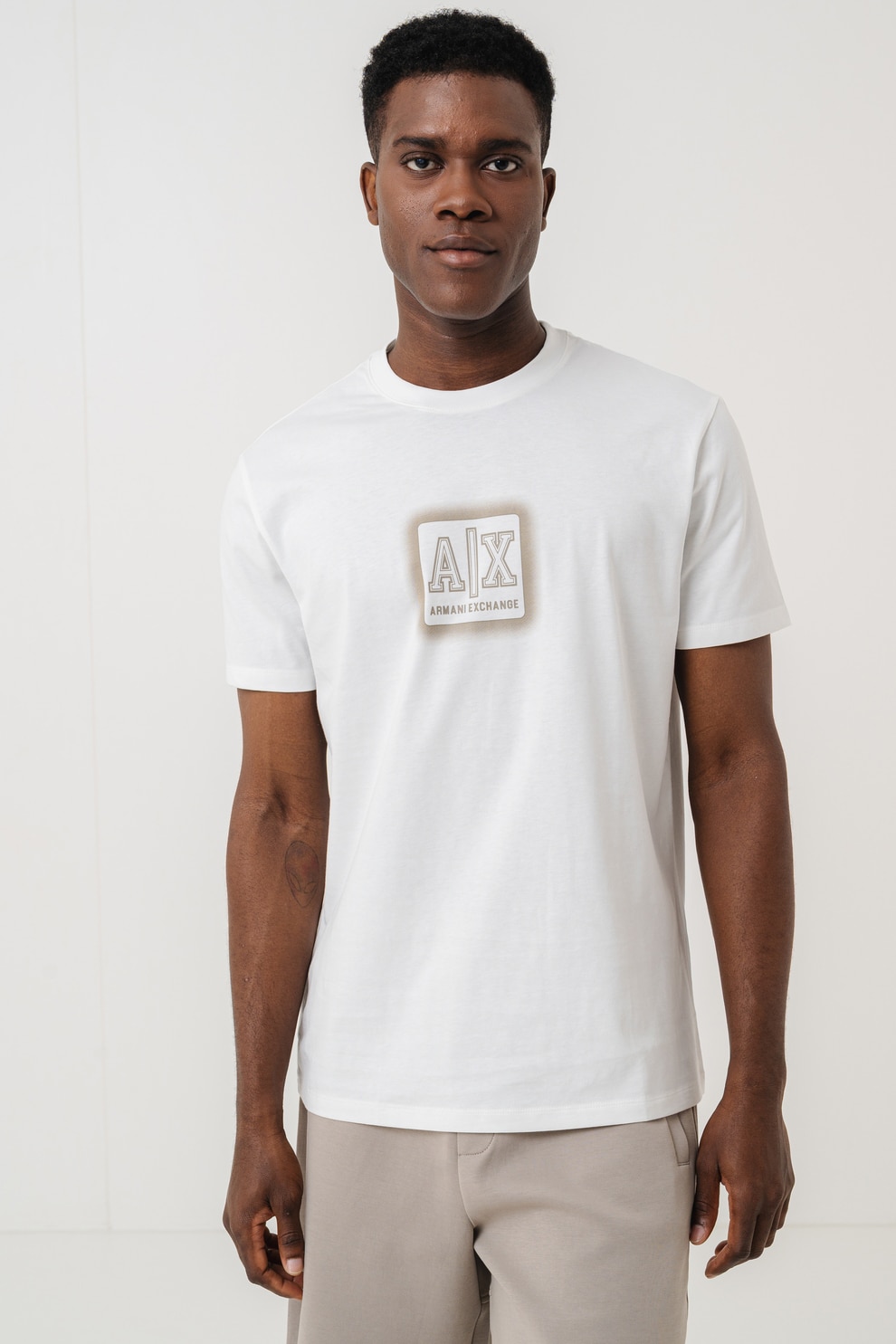 ARMANI EXCHANGE, Tricou din bumbac cu imprimeu logo, Alb, Maro camel, 2XL