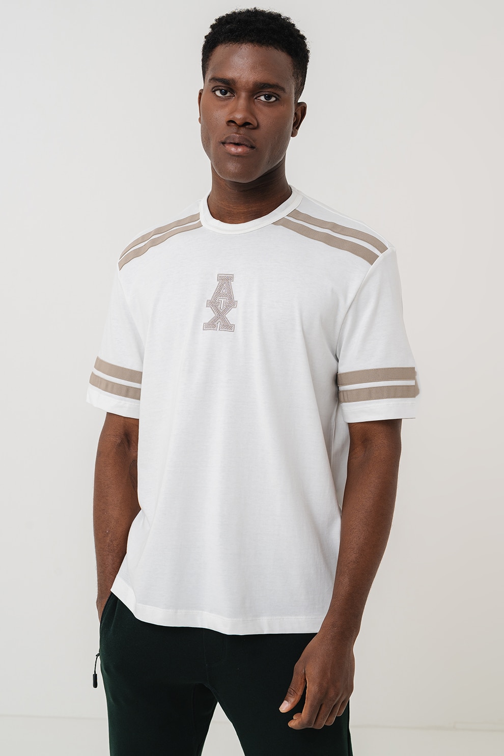 ARMANI EXCHANGE, Tricou din bumbac cu dungi, Alb, Maro taupe, 2XL