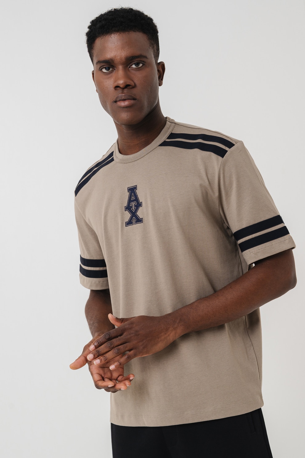 ARMANI EXCHANGE, Tricou din bumbac cu dungi, Negru, Maro taupe, S