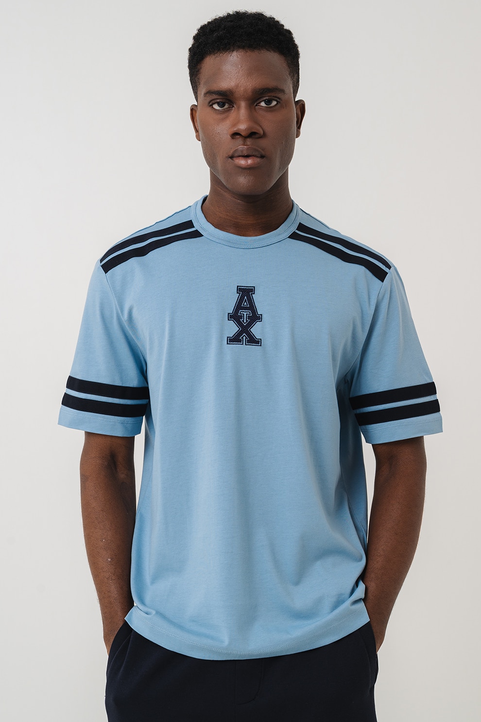 ARMANI EXCHANGE, Tricou din bumbac cu dungi, Negru, Albastru prafuit, L